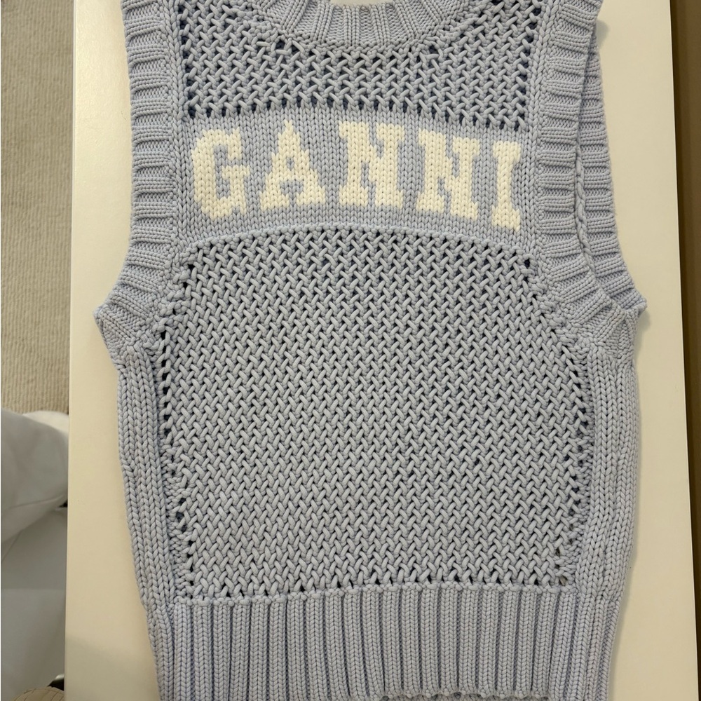 Ganni Blue Crew Neck Sweater with Textured Knit (XXS)